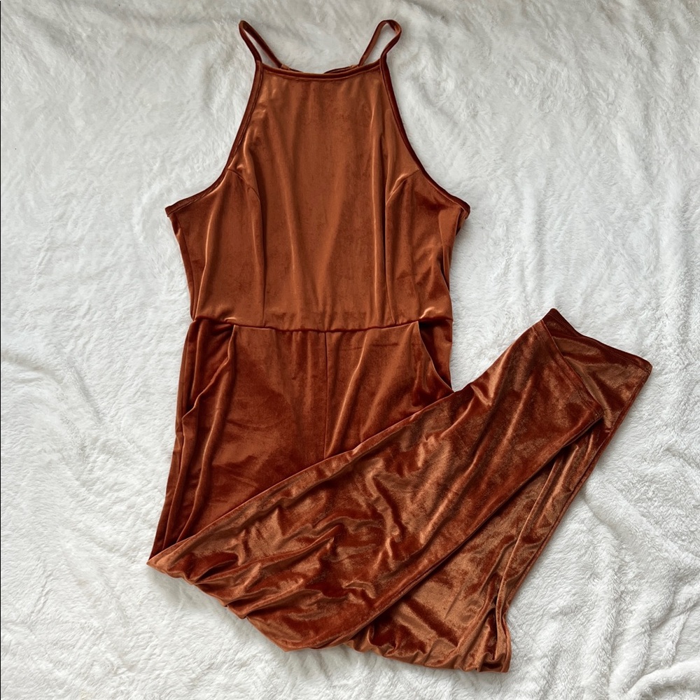 Urban Outfitters Burnt Orange Velvet Halter Jumpsuit – Size L (NWT)